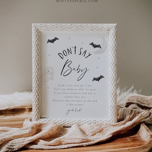 Halloween "Säg inte"-lek för babyklädnypor, babyshowerskylt, redigerbar mall, utskrivbar, direktnedladdning, mall #066-379BASG