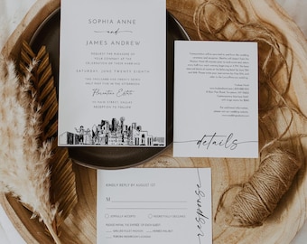 Dallas Wedding Invitation Set, Dallas, TX Skyline, Photo Card, Editable Template, Includes Invite, RSVP, Details, Templett #0047