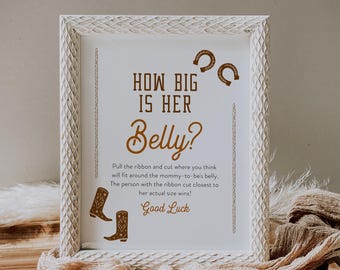 Western How Big Is Her Belly Game, Rodeo Cowboy Baby Shower Sign, Ribbon Game, Editable Template, Printable, Instant, Templett #0040-22BAG