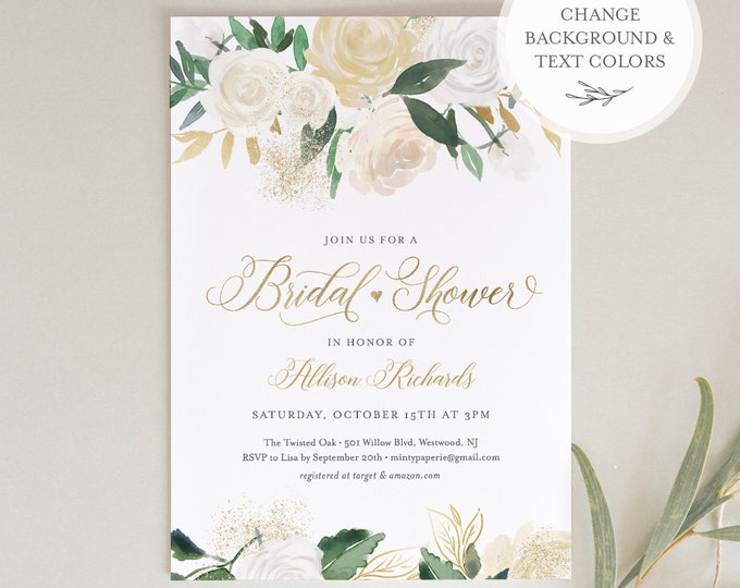Bridal Shower Invitation Template, Cream and Gold Watercolor Florals, Couples Shower Invite, INSTANT DOWNLOAD, 100% Editable Text #021-174BS