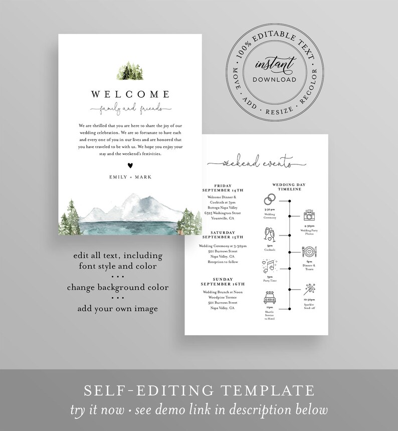 May include: Editable wedding invitation template with a watercolor mountain and forest scene. The text includes the words "Welcome family and friends" and a wedding weekend timeline with details for Friday, Saturday, and Sunday. The text "Self-Editing Template" is at the bottom of the image.