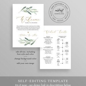 Peut inclure: Mod&egrave;le d'invitation de mariage &eacute;ditable avec un motif de branche d'olivier vert. Le texte indique "Bienvenue Famille & Amis" et "Chile & Alen". Le mod&egrave;le comprend un calendrier du jour du mariage avec des ic&ocirc;nes pour chaque &eacute;v&eacute;nement.