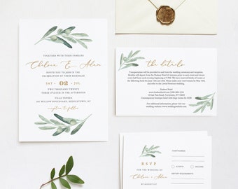 Olive Wedding Invitation Suite, Delicate Greenery Wedding Invite, RSVP and Details, Editable Text, INSTANT DOWNLOAD, Templett, DiY #081A