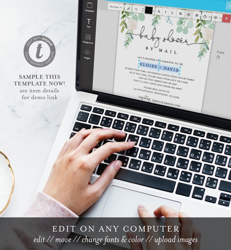 May include: A laptop displaying a baby shower invitation template. The design features floral accents and the text "baby shower by mail." The invitation includes the names "Eloise + David" and instructions for gift mailing.
