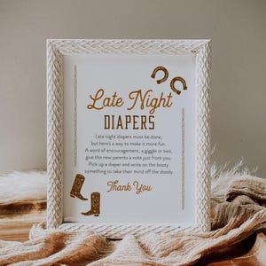 Signe de couches de fin de soirée, jeu western baby shower, notes sur les couches, baby shower de cow-boy rodéo, modèle modifiable, instantané, templett #0040-21BAG