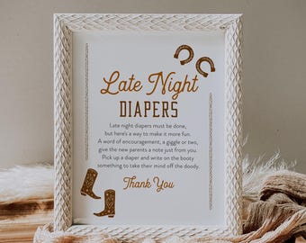 Late Night Diapers Sign, Western Baby Shower Game, Diaper Notes, Rodeo Cowboy Baby Shower, Editable Template, Instant, Templett #0040-21BAG