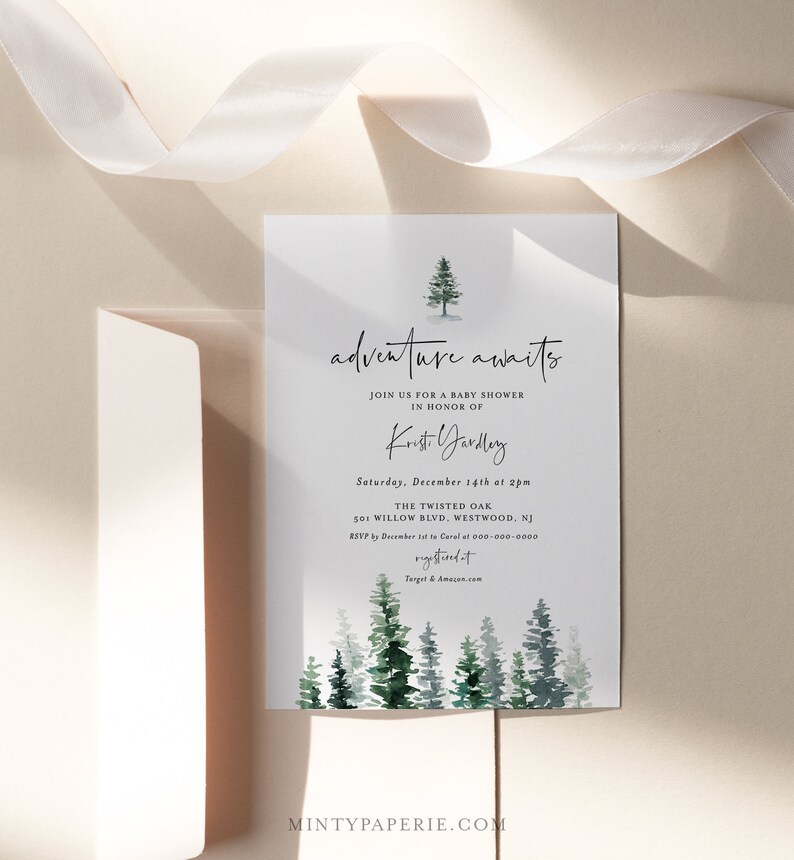 Baby Shower Invitation, Rustic Pine Tree Winter Baby Shower, Adventure Awaits, Editable Template, INSTANT DOWNLOAD, Templett 073-133BA image 4