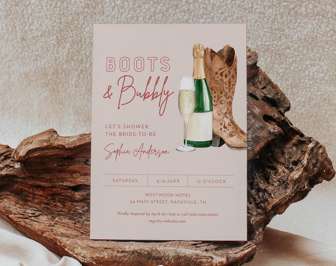 Boots and Bubbly Invitation, Cowboy Boot Shower Invite, Western Bridal Shower, Bubbles, Champagne, Edit & Print Today, Templett #055-332BS