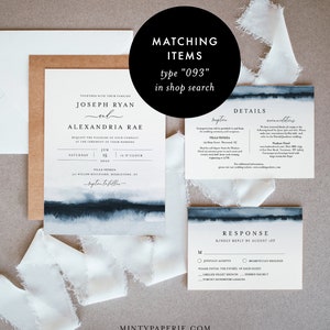 May include: A wedding invitation suite with a watercolor background in shades of blue. The invitation features the couple's names, wedding date, and location. The RSVP card includes a choice of meal options and a request to RSVP by August 1st.