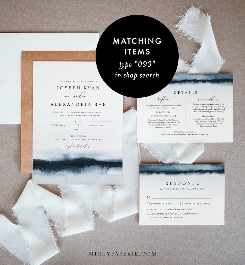 May include: A wedding invitation suite with a watercolor background in shades of blue. The invitation features the couple's names, wedding date, and location. The RSVP card includes a choice of meal options and a request to RSVP by August 1st.