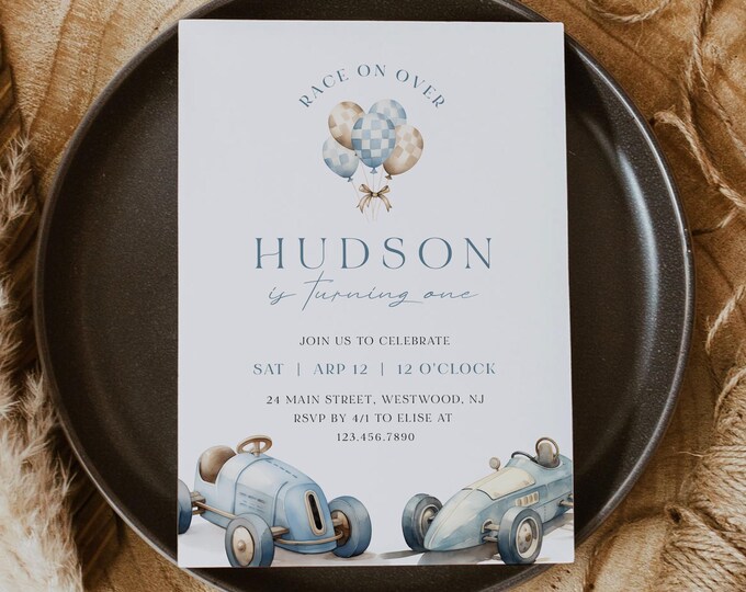 Vintage Race Car 1st Birthday Party Invitation, Racing Boy First Birthday Invite, Little Racer, Editable Template, Templett #0068-145BD