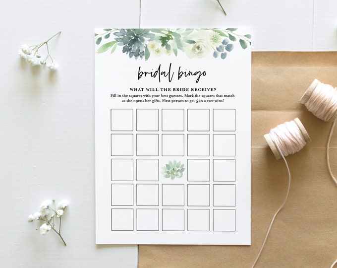 Bridal Bingo Game Printable, Instant Download, Succulent Bridal Shower Game, Personalize Bride's Name, Editable Template  #075-166BG