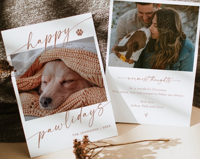 Pet Holiday Card Template, Happy Pawliday, Bohemian Christmas Card, Editable, Add Your Photo, Instant Download, Templett, 5x7 #0034T-154HP