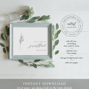 Pode incluir: Um sinal de livro de visitas de casamento imprim&iacute;vel com uma simples ilustra&ccedil;&atilde;o floral e o texto "please sign our guestbook thank you, Alana and Jack". O sinal est&aacute; em uma moldura azul clara e &eacute; cercado por vegeta&ccedil;&atilde;o. O texto "100% Editable Text instant download add resize recolor edit all text, including font style & color upload your own image change background color add new pages" est&aacute; em um c&iacute;rculo ao redor do sinal.