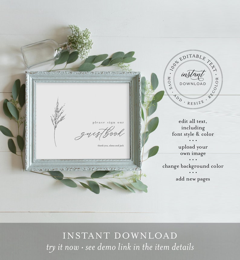 Pode incluir: Um sinal de livro de visitas de casamento imprim&iacute;vel com uma simples ilustra&ccedil;&atilde;o floral e o texto "please sign our guestbook thank you, Alana and Jack". O sinal est&aacute; em uma moldura azul clara e &eacute; cercado por vegeta&ccedil;&atilde;o. O texto "100% Editable Text instant download add resize recolor edit all text, including font style & color upload your own image change background color add new pages" est&aacute; em um c&iacute;rculo ao redor do sinal.