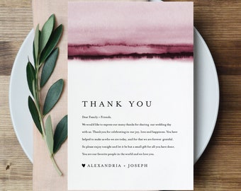 Thank You Letter, Burgundy Watercolor, Napkin Note, Printable Menu Thank You, Editable Template, Instant Download, Templett 4x6 #093B-137TYN