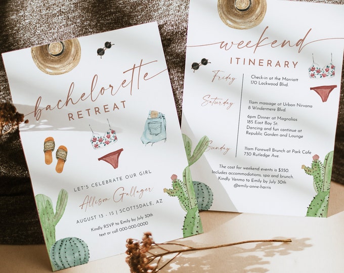 Bachelorette Desert Weekend Invitation & Itinerary, Cactus, Scottsdale, Palm Springs, Editable Template, Instant, Templett #077-122BP