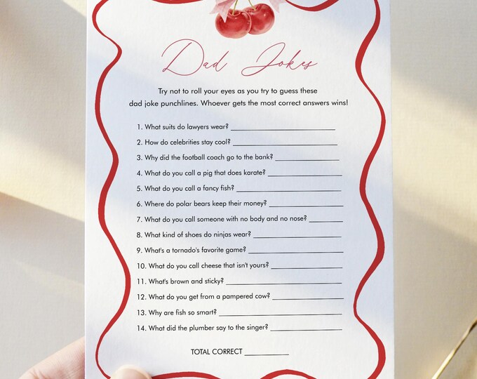 Funny Dad Jokes Game, Coquette Cherry Bow Girl Baby Shower, Riddle, Trivia, Editable Template, Instant Download, Templett 5x7 #0056-03BAG