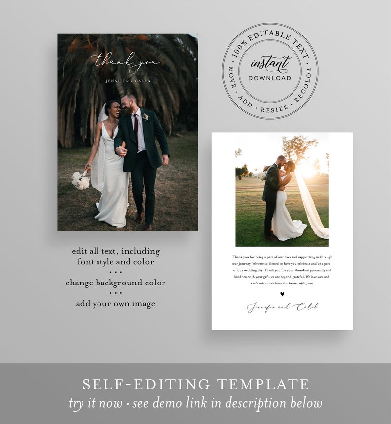 Wedding Photo Thank You Card, Minimal, Custom Thank You Card Template, 100% Editable, Instant Download, Templett, Flat Card, 5x7 045-186TYC image 3