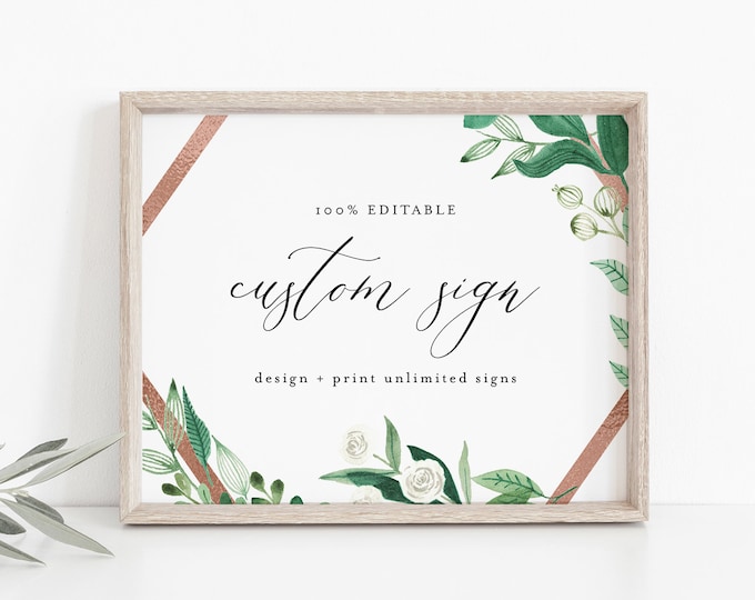 Custom Sign Template, Greenery and Rose Gold Wedding, Bridal Shower Sign, Create Any Sign, Printable, INSTANT DOWNLOAD, Templett #080A-177CS