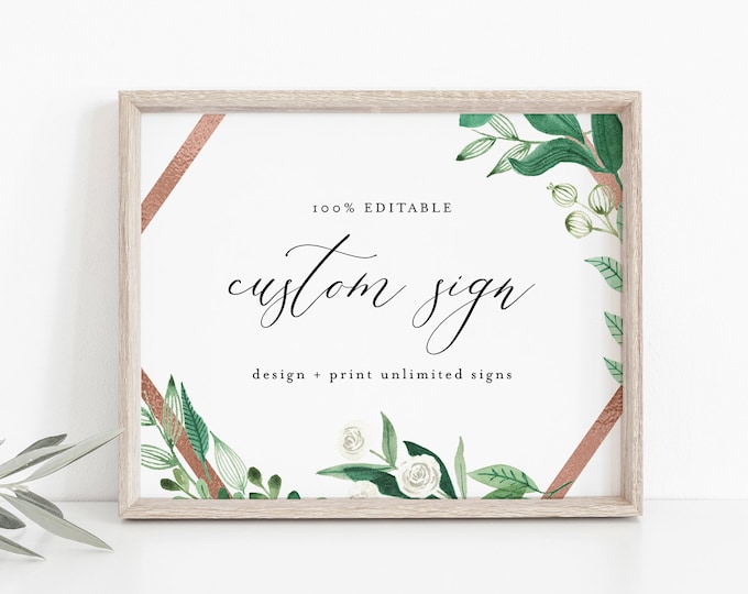 Custom Sign Template, Greenery and Rose Gold Wedding, Bridal Shower Sign, Create Any Sign, Printable, INSTANT DOWNLOAD, Templett #080A-177CS