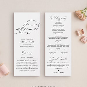 May include: Wedding ceremony programme with a welcome message, ceremony details, and a wedding party list. The programme is printed on white cardstock with black text and a simple floral design.