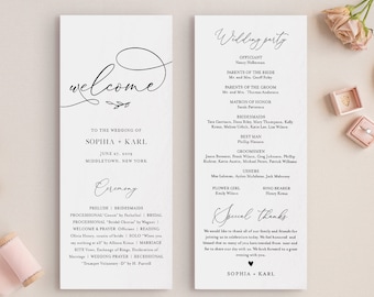 Calligraphy Wedding Program Template, Minimalist Order of Service, Instant Download, Printable, 100% Editable Text, DIY, Templett #092-230WP