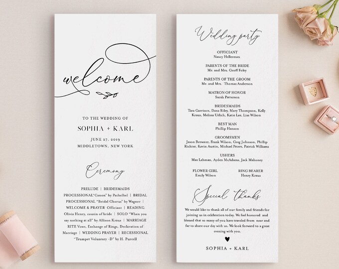 Calligraphy Wedding Program Template, Minimalist Order of Service, Instant Download, Printable, 100% Editable Text, DIY, Templett #092-230WP