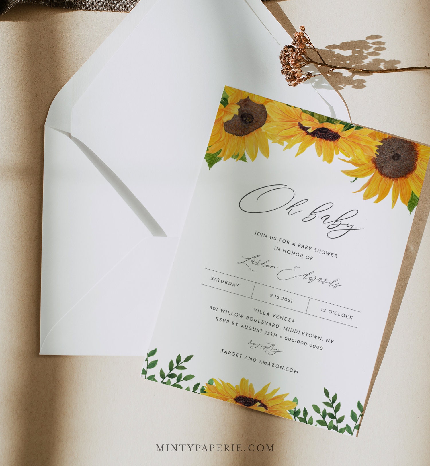 Sunflower Baby Shower Invitation, Summer Baby Shower Invite, Gender