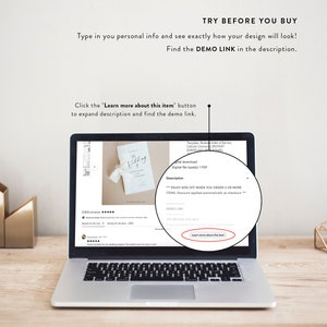 May include: A laptop computer screen displaying a website with a wedding invitation template. The website has a button that says "Learn more about this item". The text on the screen says "Template Modern Order of Service Catholic Ceremony INSTANT DOWNLOAD", "Digital file types: 1 PDF", "Description", "***ENJOY 60% OFF WHEN YOU ORDER 3 OR MORE ITEMS. Discount applied automatically at checkout***", "DEMO LINK", "TRY BEFORE YOU BUY".