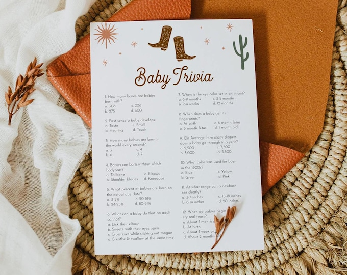 Baby Shower Trivia Game, Baby Trivia Game, Western Baby Shower, Rodeo, Cowboy, Gender Neutral, Editable Template, Templett #0040-01BAG