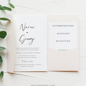 Juego de invitación de boda con pliegue de bolsillo minimalista, tarjetas de invitación y gabinete modernas, descarga instantánea, plantilla 100% editable, Templett #096PF