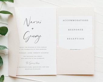 Minimalist Pocket Fold Wedding Invitation Set, Modern Invite & Enclosure Cards, Instant Download, 100% Editable Template, Templett #096PF