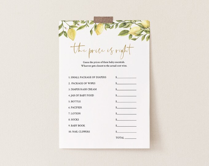 The Price Is Right Baby Shower Game Template, Citrus Lemon & Greenery Printable, 100% Editable Text, Instant Download, Templett #089-109BASG