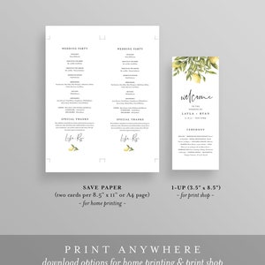 May include: Printable wedding ceremony program template with a lemon illustration. The program includes the wedding party, special thanks, and ceremony details. The text reads "Welcome to the wedding of Layla & Ryan".