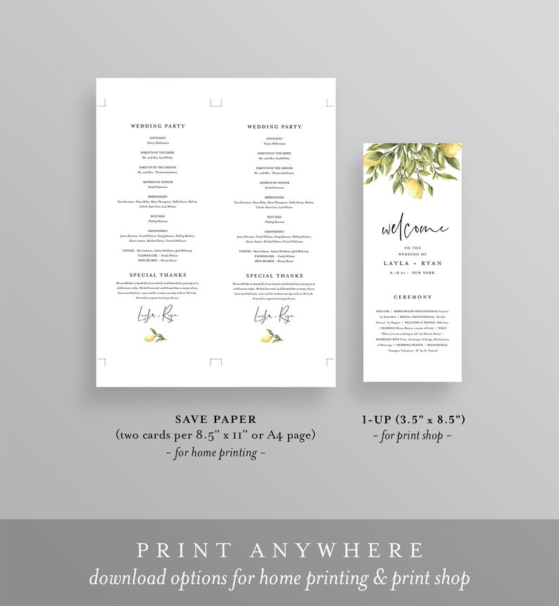 May include: Printable wedding ceremony program template with a lemon illustration. The program includes the wedding party, special thanks, and ceremony details. The text reads "Welcome to the wedding of Layla & Ryan".