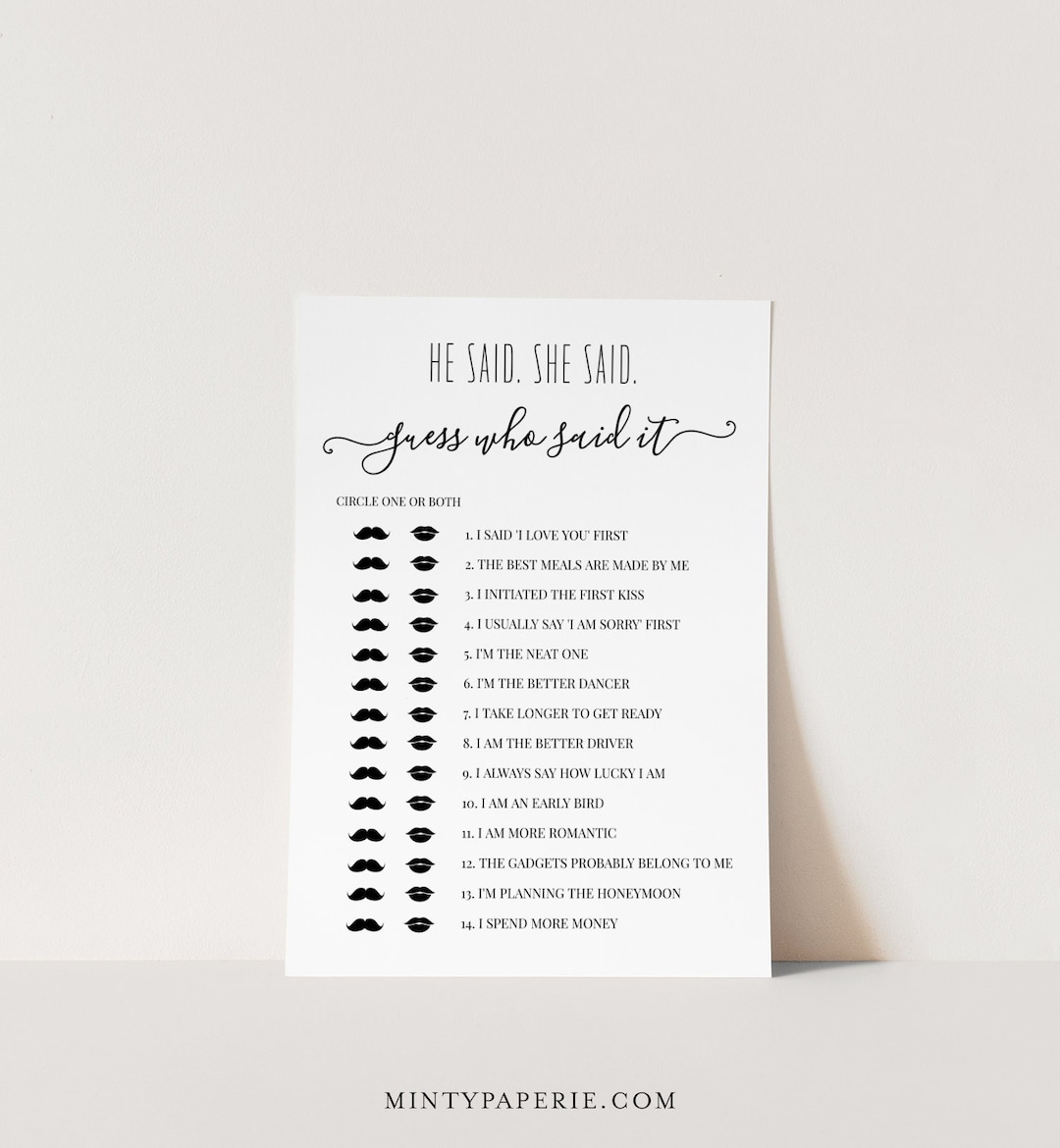 He Said She Said Game | Printable Bridal Shower Game | Guess Who Said ...