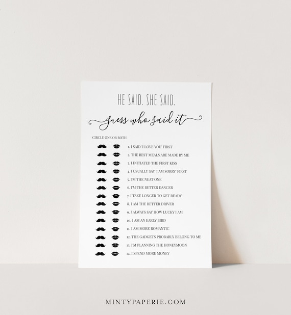 He Said She Said Game Printable Bridal Shower Game Guess - Etsy