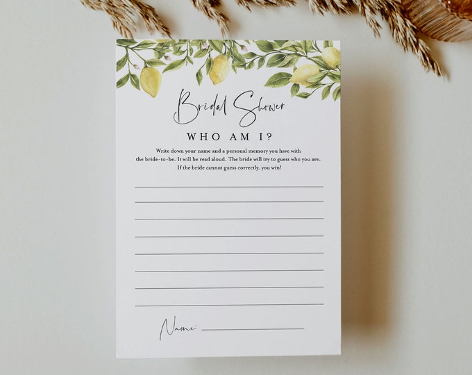 Who Am I Bridal Shower Game, Memory with the Bride, Citrus Lemon Wedding Shower, Editable Template, Instant Download, Templett #089-405BG