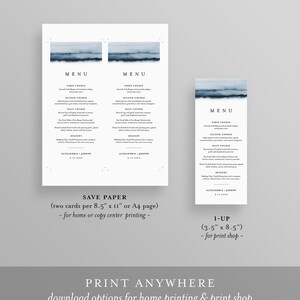 May include: Two printable wedding menu cards with a blue watercolor design. The cards are 8.5 inches by 11 inches and are designed for home or copy center printing. The menu includes a first course, second course, main course, and dessert. The text on the cards reads "MENU" and "ALEXANDRA & JOSEPH 9.12.2020".