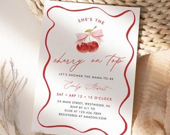 Cherry Baby Shower Invitation, She's the Cherry on Top, Coquette Cherry, Baby Girl, Editable Template, Instant, Templett #0056-252BA