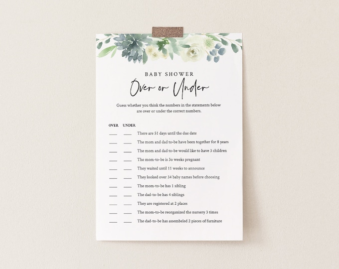 Baby Over or Under Game, Succulent Baby Shower Game Template, 100% Editable Text, Printable, Instant Download, Templett, DIY #075-141BG