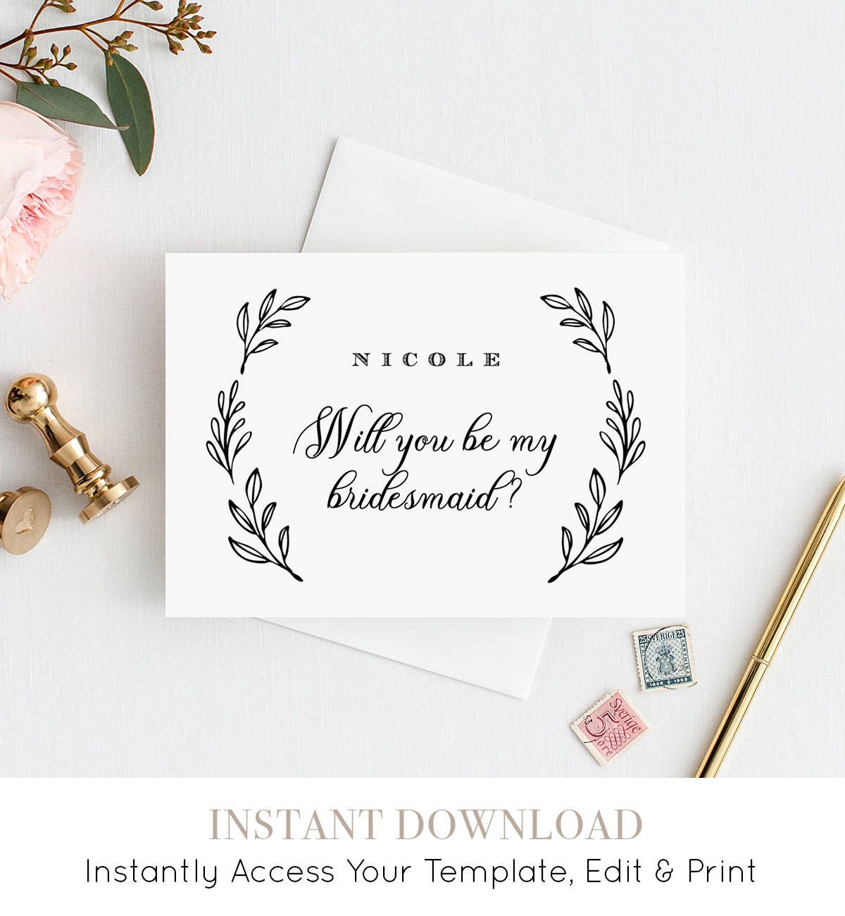 Will You Be My Bridesmaid Card, INSTANT DOWNLOAD, Printable For Will You Be My Bridesmaid Card Template