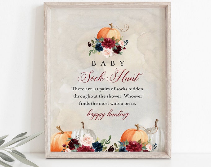 Baby Sock Hunt Game, Fall Pumpkin Baby Shower Game, Sock Hunt Sign, Editable Template, Printable, Instant Download, Templett #072A-214BASG