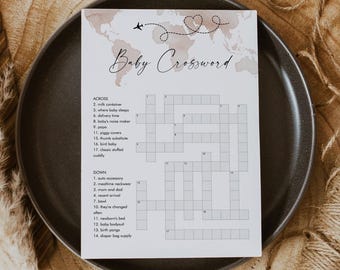 Adventure Baby Crossword Puzzle, Travel Theme Baby Shower Game, World Map, Printable, Instant Download, Templett, 5x7 #0039-33BAG