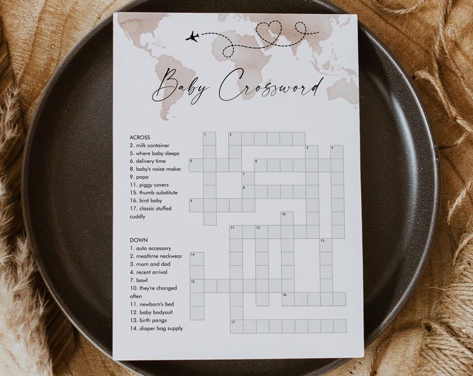 Adventure Baby Crossword Puzzle, Travel Theme Baby Shower Game, World Map, Printable, Instant Download, Templett, 5x7 #0039-33BAG