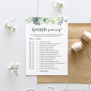 What Did the Groom Say Bridal Shower Game, INSTANT DOWNLOAD, Printable Wedding Game, Editable Template, Customize Questions #075-167BG