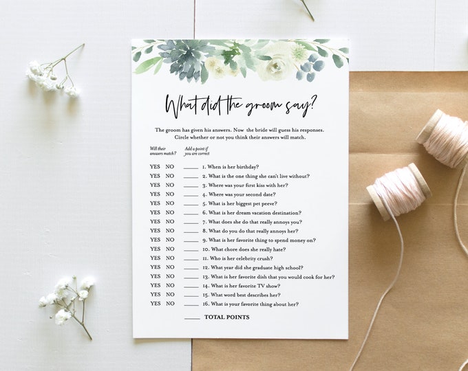 What Did the Groom Say Bridal Shower Game, INSTANT DOWNLOAD, Printable Wedding Game, Editable Template, Customize Questions #075-167BG