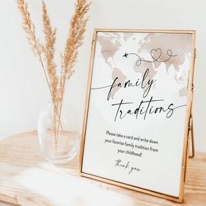 Placa e cartão Adventure Baby Family Traditions, chá de bebê de viagem, compartilhe uma memória de infância, editável, mapa-múndi, Templett #0039-46BAG