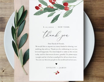 Holly Thank You Letter, Napkin Note, Printable Winter Wedding Menu Thank You, Editable Template, INSTANT DOWNLOAD, Templett, 4x6 #071-120TYN